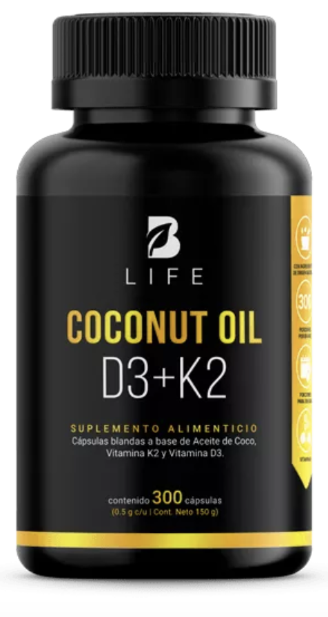 BLIFE Aceite de Coco, Vitamina D3 y K2 300 Caps 500 mg